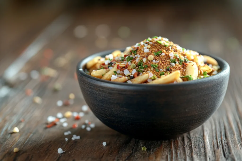 What is Fry Seasoning? Front view, close-up of a small bowl filled with various fry seasonings, including salt, pepper, paprika, garlic powder, and onion powder. 