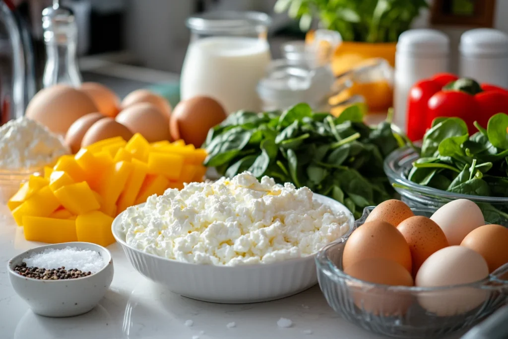 Front view, close-up of a variety of fresh ingredients