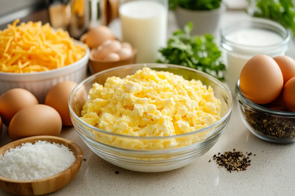 Front view, close-up of a variety of raw ingredients for baked scrambled eggs