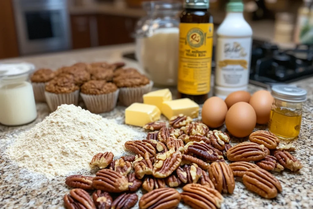 Front view, close up of a variety of raw ingredients for pecan pie muffins