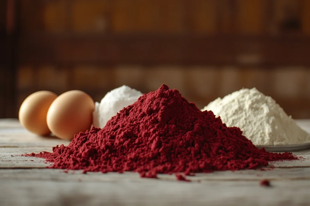 What is Red Velvet Cake Made Of? Front view, a close-up shot of the main ingredients for red velvet cake, including flour, sugar, cocoa powder, butter, eggs, buttermilk and red food coloring, arranged on a slightly worn wooden table