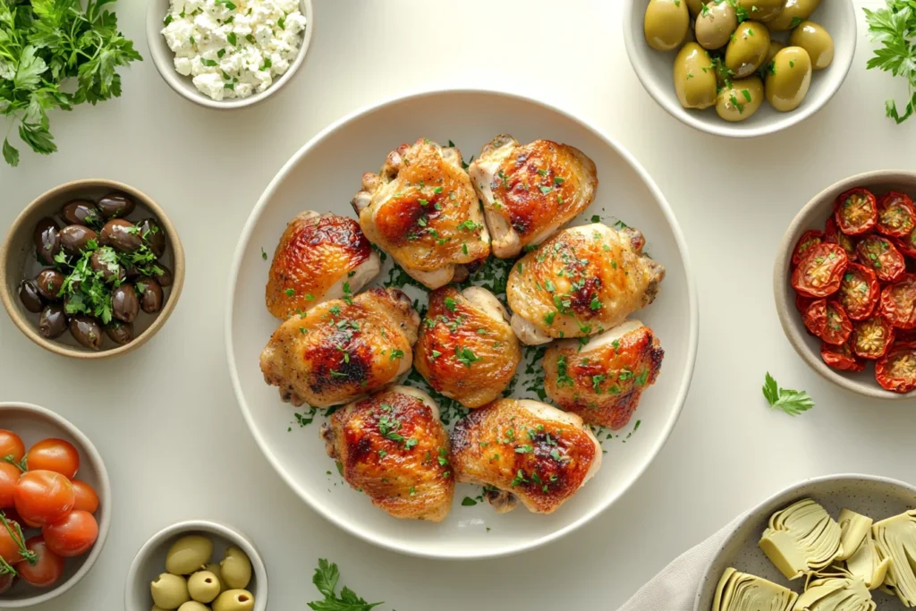 Isometric view, a minimalist scene depicting a plate of cooked Mediterranean chicken thighs, with various bowls containing different add-in options