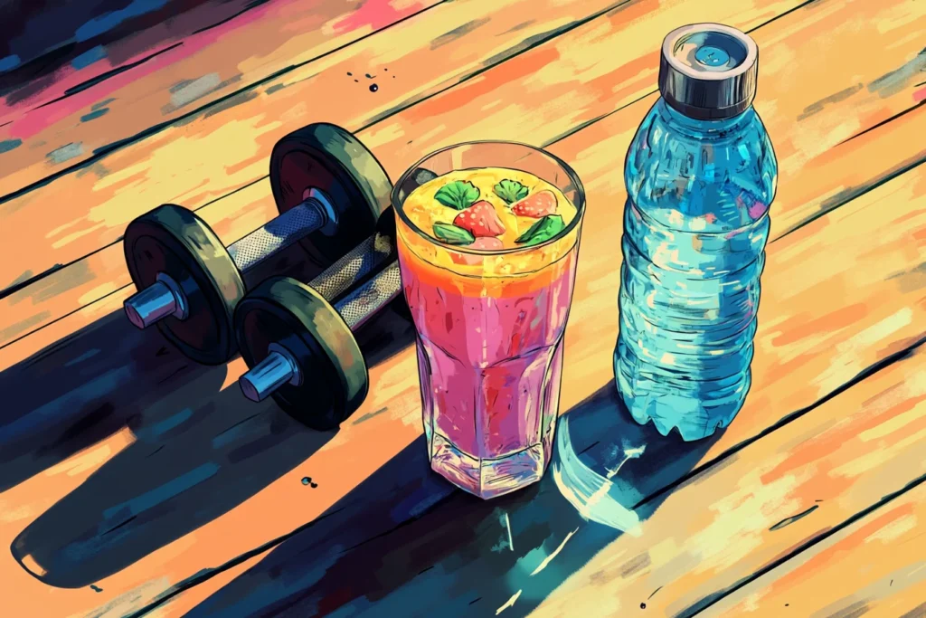 Isometric view, a slightly skewed, casual and imperfectly aligned scene, depicting a hand-drawn style glass of a brightly colored tropical smoothie