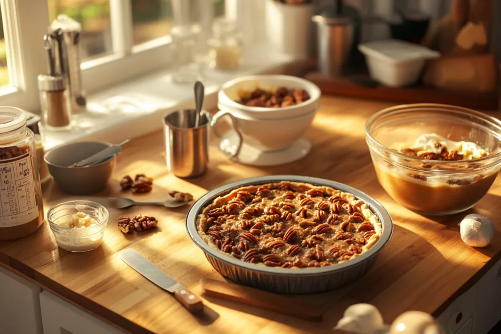 Isometric view of a kitchen counter, showing a muffin tin being filled with batter