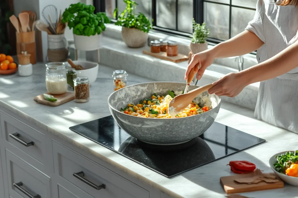 Isometric view of a kitchen counter with a mixing bowl in the center, a woman's hands gently tossing cooked pasta