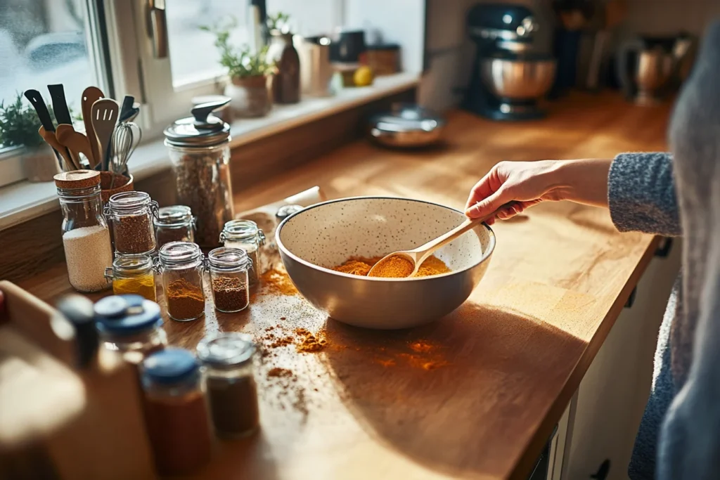 Isometric view of a kitchen counter with a mixing bowl, several measuring spoons and small jars of spices, a hand is visible mixing the ingredients