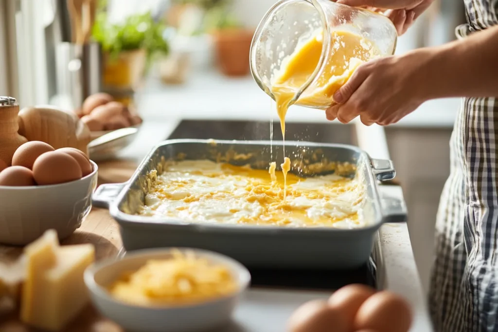 Isometric view of a kitchen counter with a person pouring a whisked egg mixture into a greased baking dish