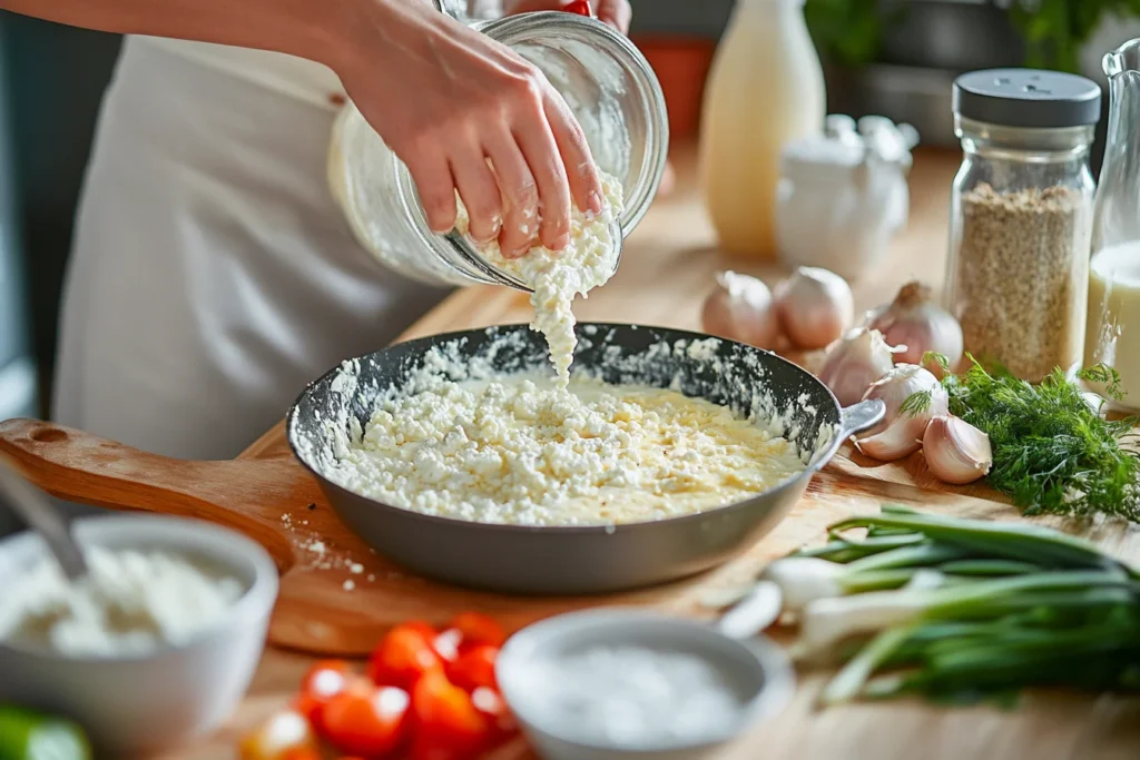 Isometric view of a kitchen counter with a person pouring an egg and cottage cheese mixture into a greased baking dish