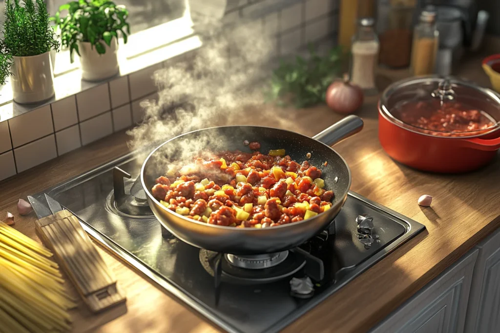 Realistic photo of an isometric view of a kitchen counter, showing a skillet with crumbled sausage, diced onions, and garlic sizzling