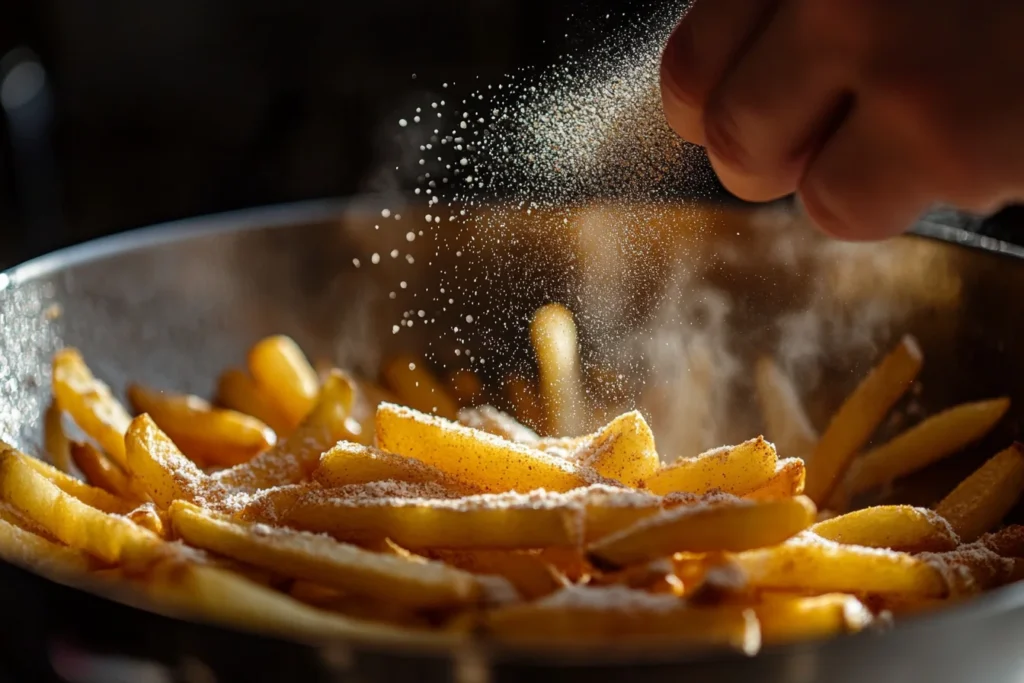 Side view, a close up of a hand sprinkling fry seasoning over a batch of freshly cooked french fries