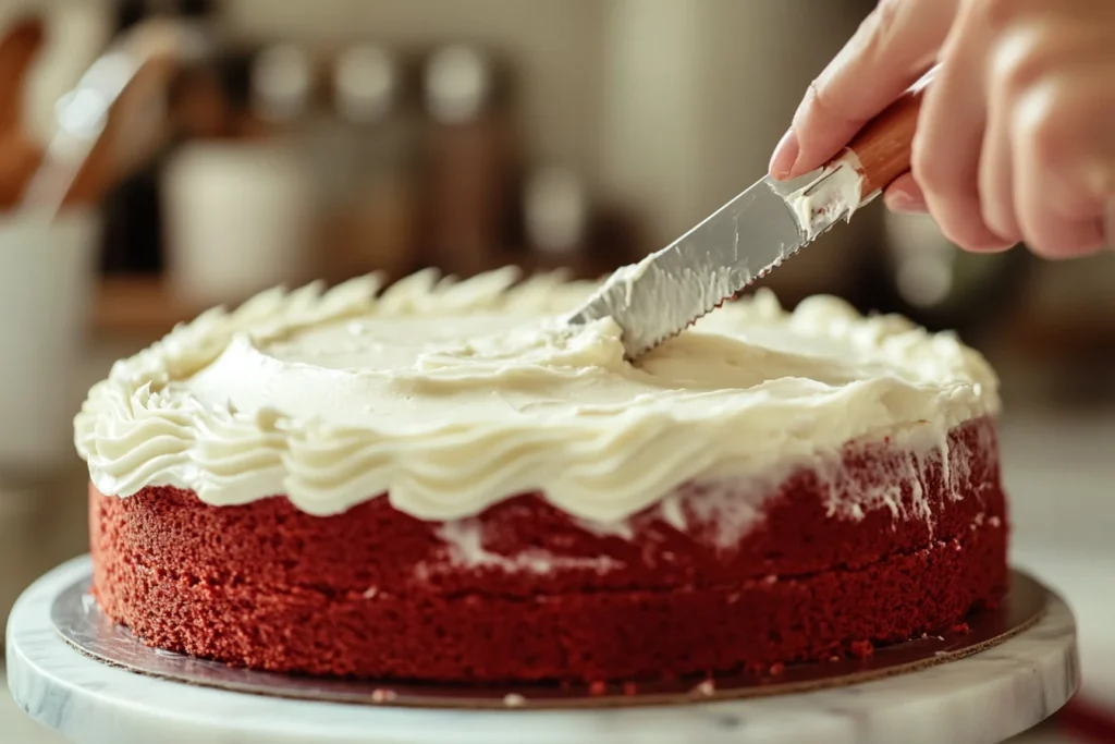 Side view, a close-up of a person frosting a red velvet cake 