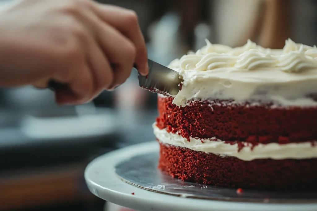 Side view, a close-up of a person frosting a red velvet cake with cream cheese frosting, the knife has a smooth layer of frosting on it