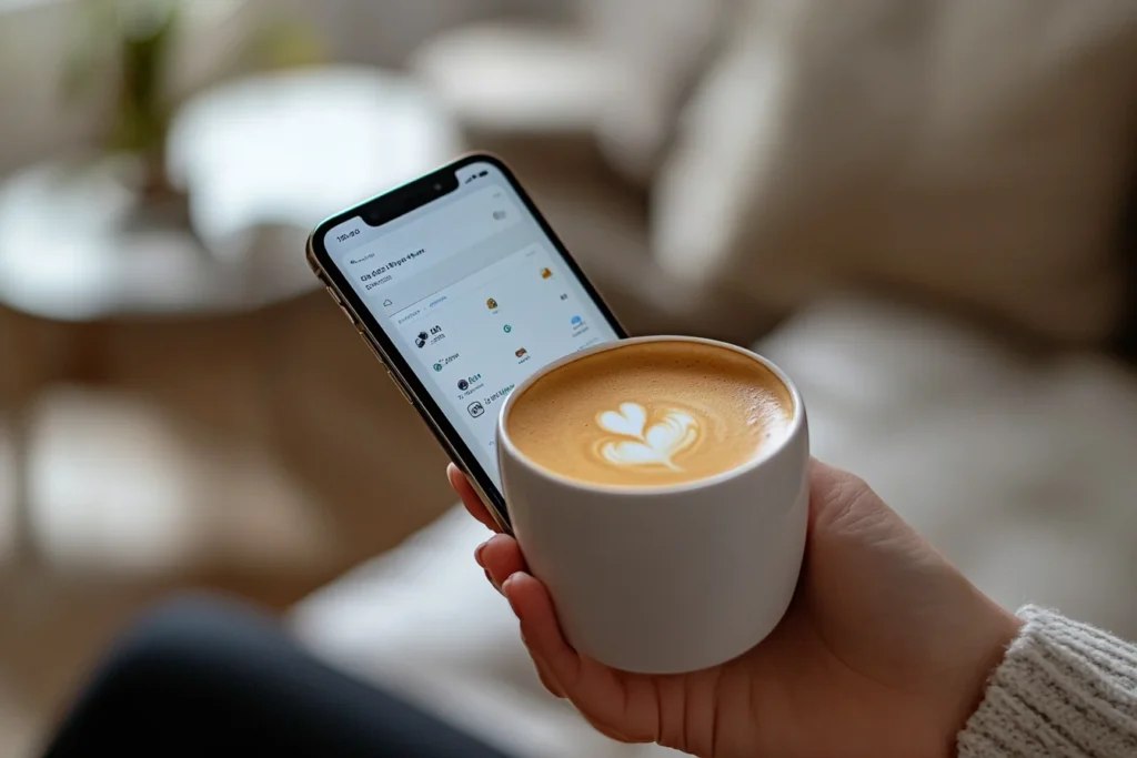 Side view, a hand holding a cup of keto coffee, with a blurred background showing a person looking at a calorie tracker app on their phone