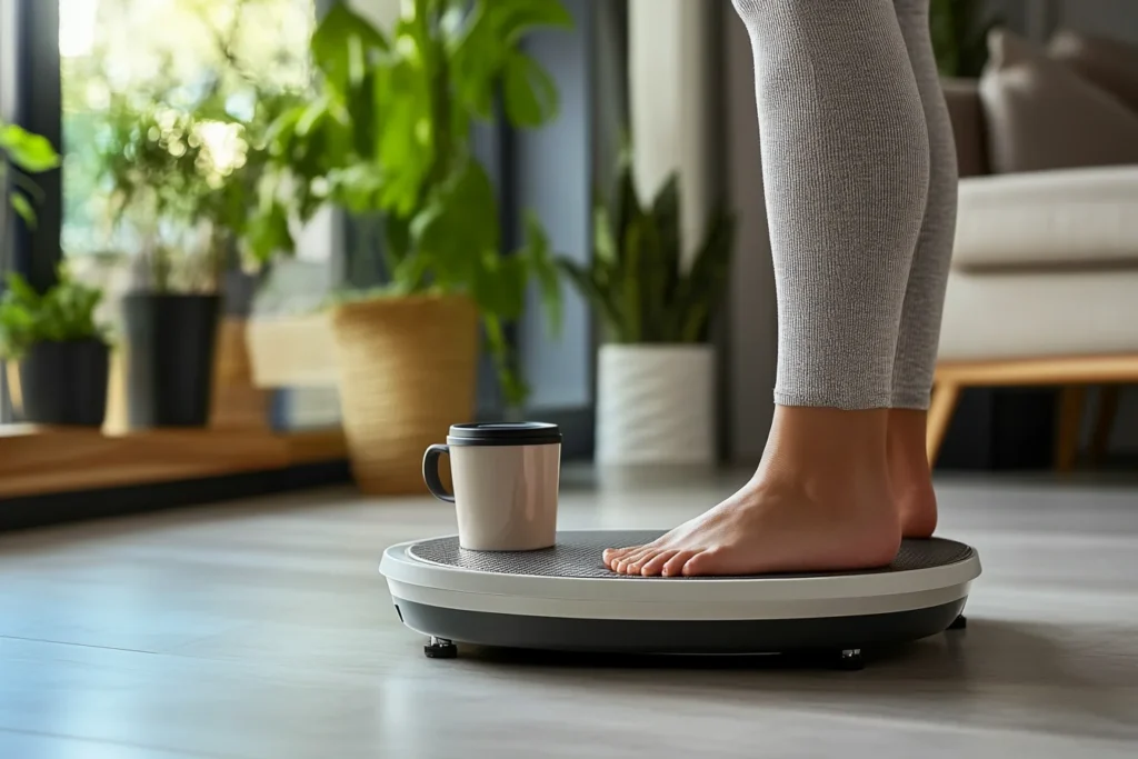 Side view, a person standing on a scale, with a cup of keto coffee nearby, a slight smile on their face, representing a positive outcome