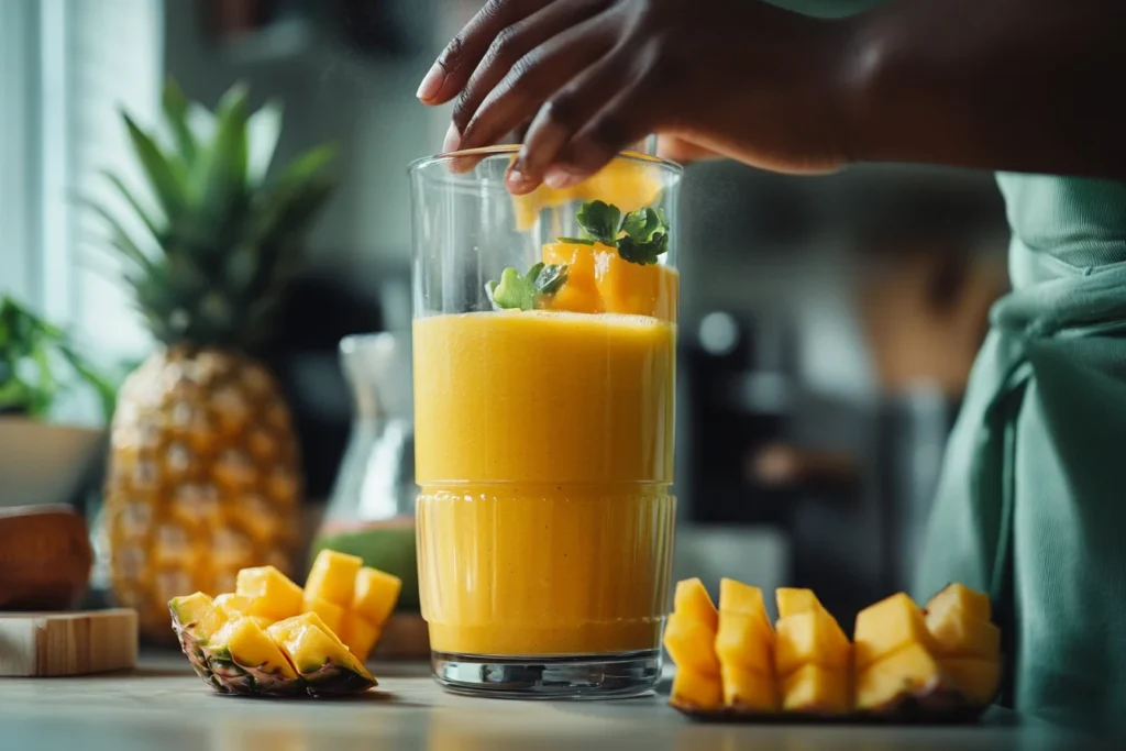 Side view, a person’s hands blending a vibrant tropical smoothie, ingredients are blurred in the background