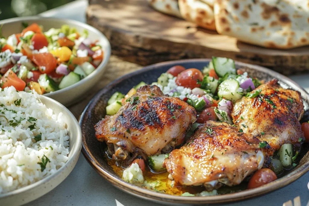 Side view, a plate of cooked Mediterranean chicken thighs, next to a bowl of rice, a Greek salad, and some pita bread