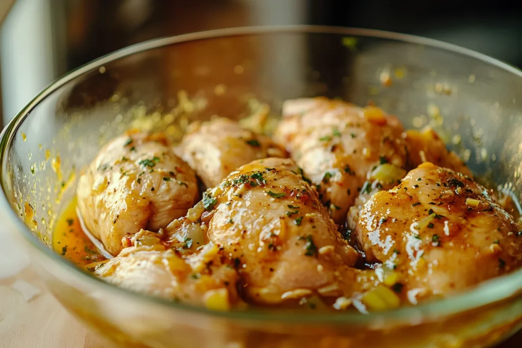 Side view, a slightly zoomed in shot of chicken breasts marinating in a glass bowl