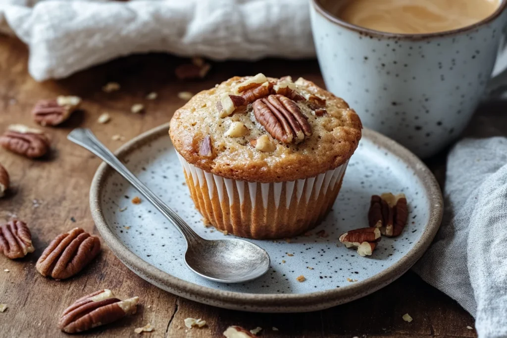 Side view of a pecan pie muffin on a small plate, with a cup of coffee