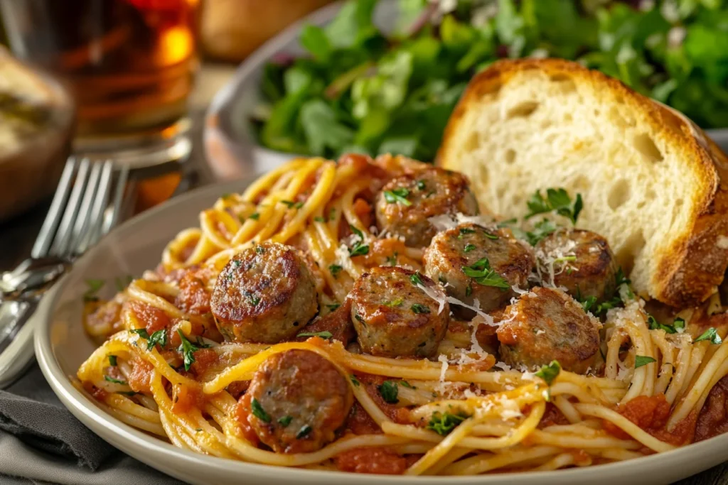 Side view of a plate of sausage spaghetti alongside a slice of garlic bread