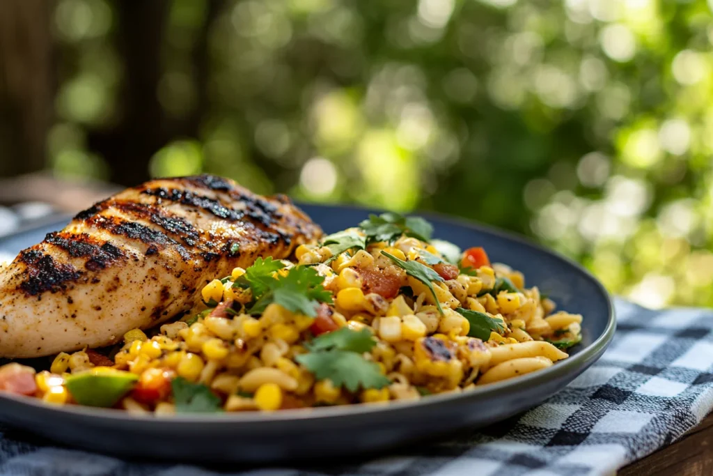 Side view of a plate with a serving of Mexican street corn pasta salad alongside a grilled chicken breast