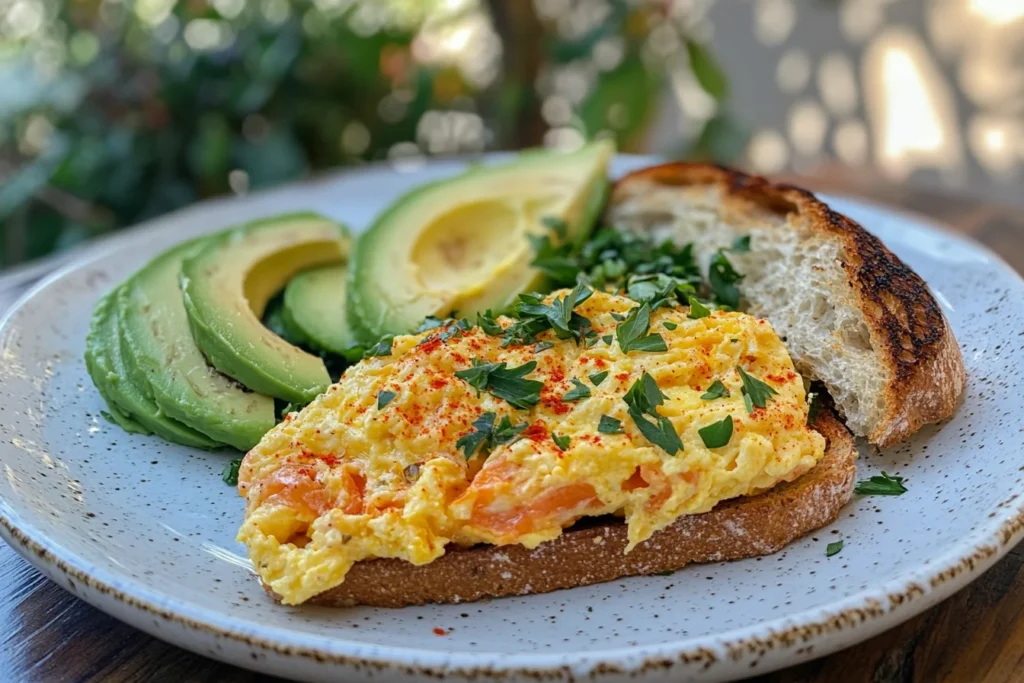 Side view of a slice of baked scrambled eggs on a plate, with some toast, sliced avocado, and a sprinkle of fresh herbs