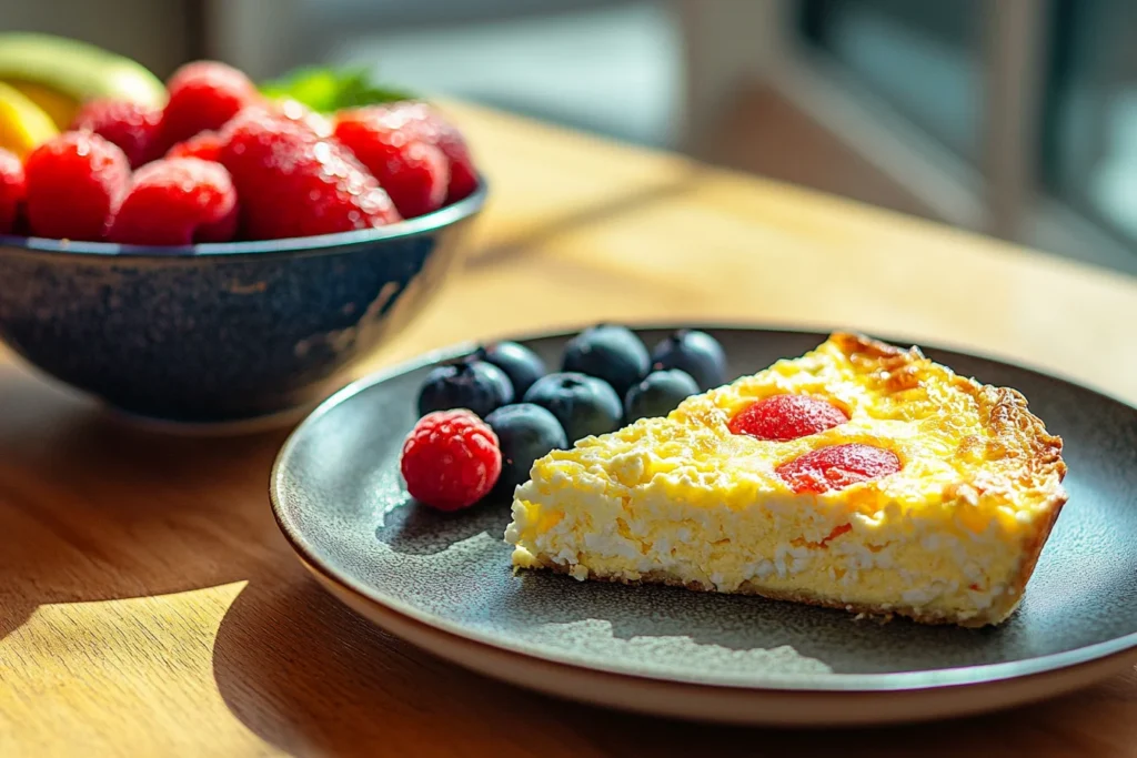 Side view of a slice of cottage cheese egg bake on a plate, alongside a bowl of fresh fruit