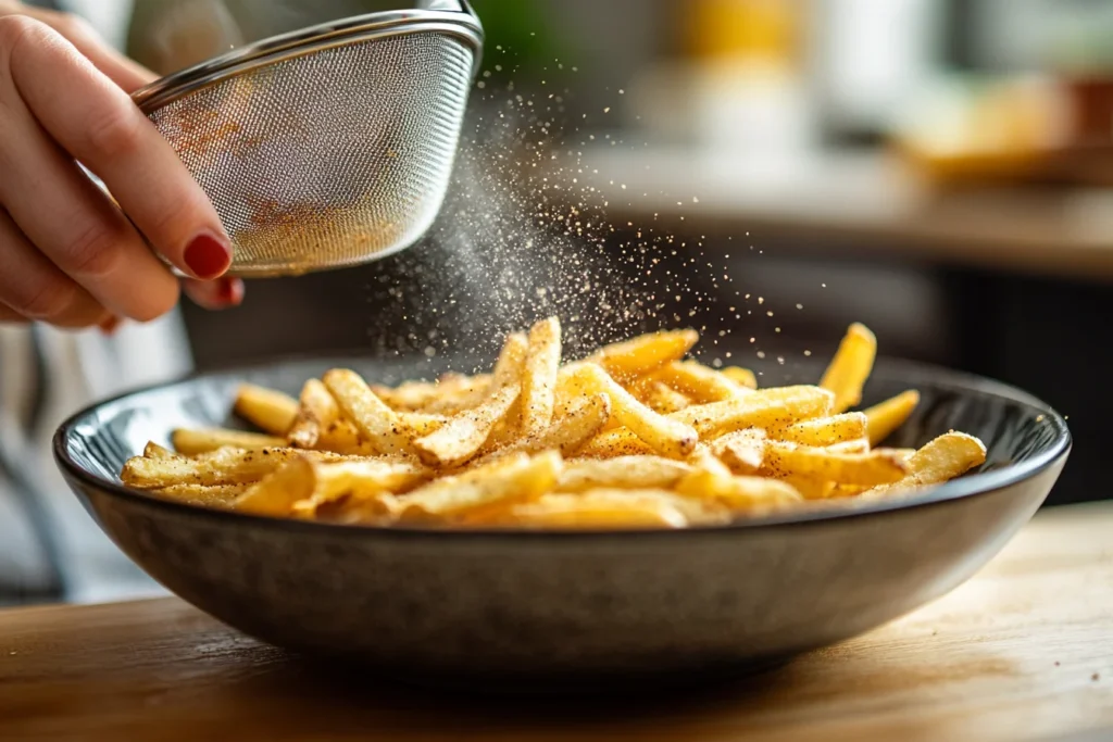 Side view of someone using a fine mesh sifter to evenly dust seasoned french fries over a bowl