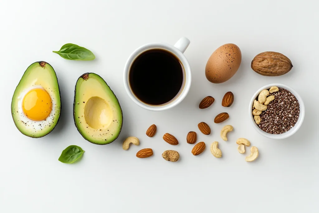 Top-down view, a flat lay of a ketogenic diet spread including avocado, eggs, nuts, and a small cup of keto coffee