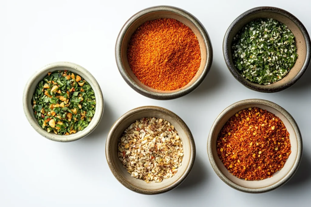 Top-down view, a flat lay of four different bowls, each containing a different style of fry seasoning; classic, spicy, herby, and sweet & savory