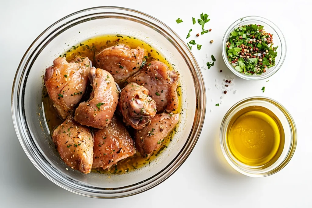 Top-down view, a flat lay of marinated chicken thighs in a glass bowl, with a separate bowl of marinade (olive oil, lemon juice, herbs, garlic