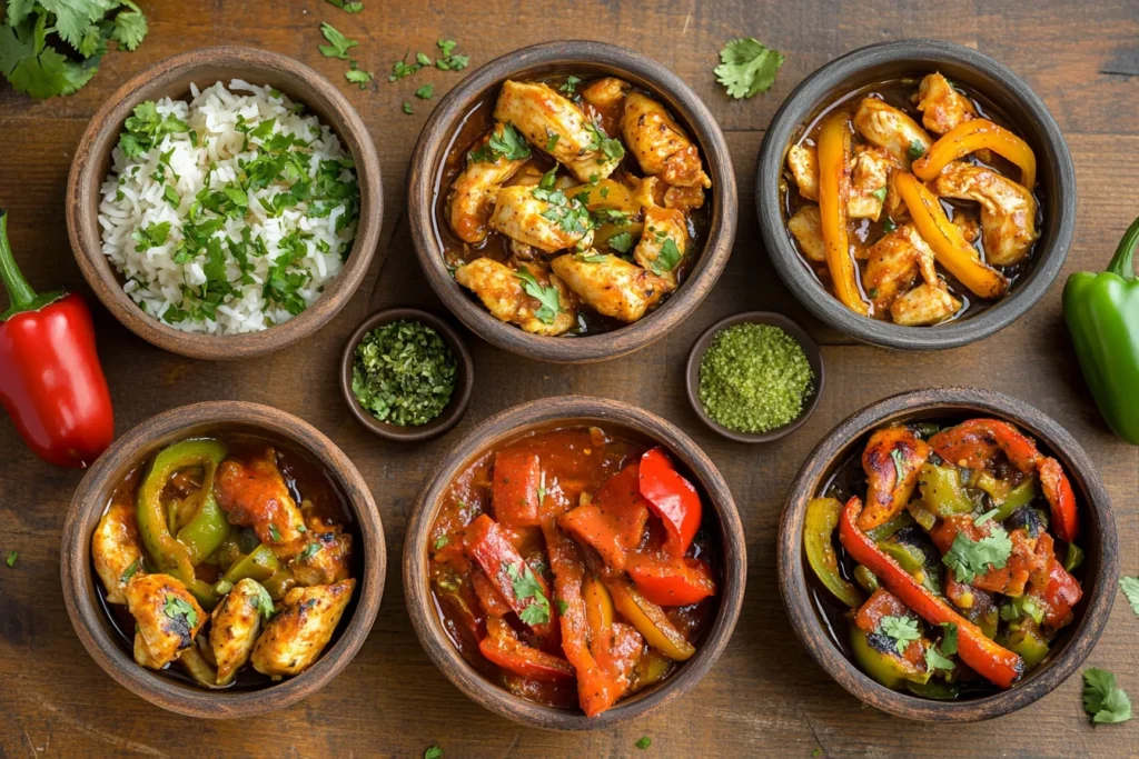 Top-down view, a flat lay of several small bowls, each with a different style of chicken fajita marinade