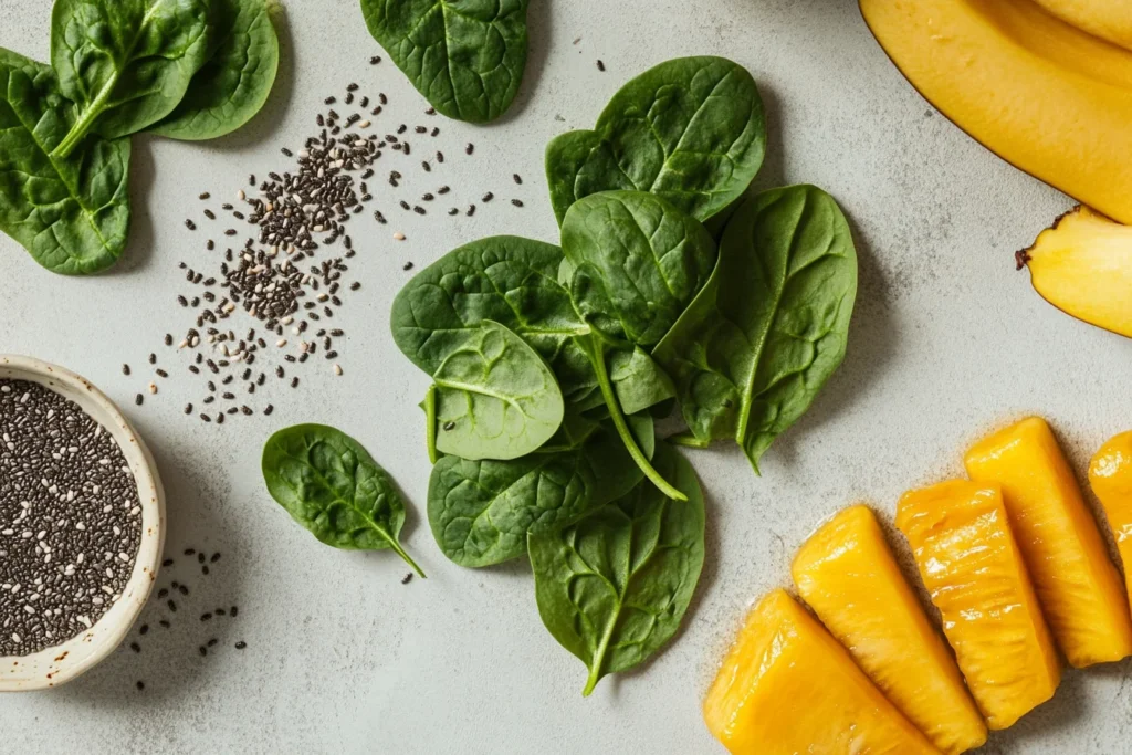 Top-down view, a slightly asymmetrical flat lay of various smoothie ingredients,