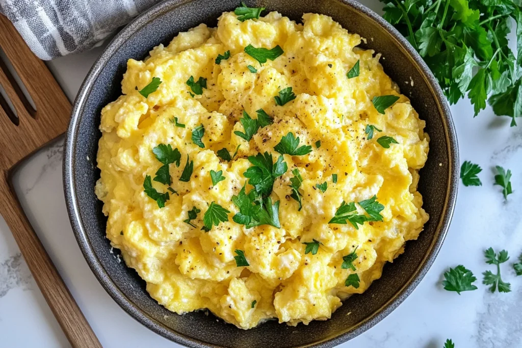 Top-down view of a baking dish filled with fluffy, golden brown baked scrambled eggs