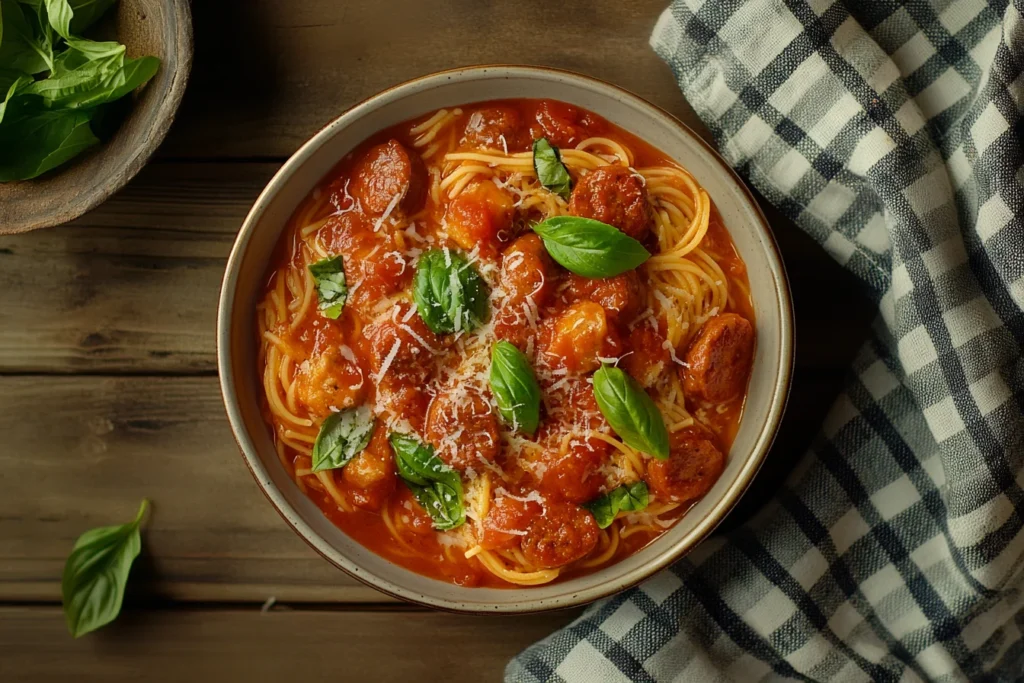 Top-down view of a bowl of steaming spaghetti, with visible sausage pieces