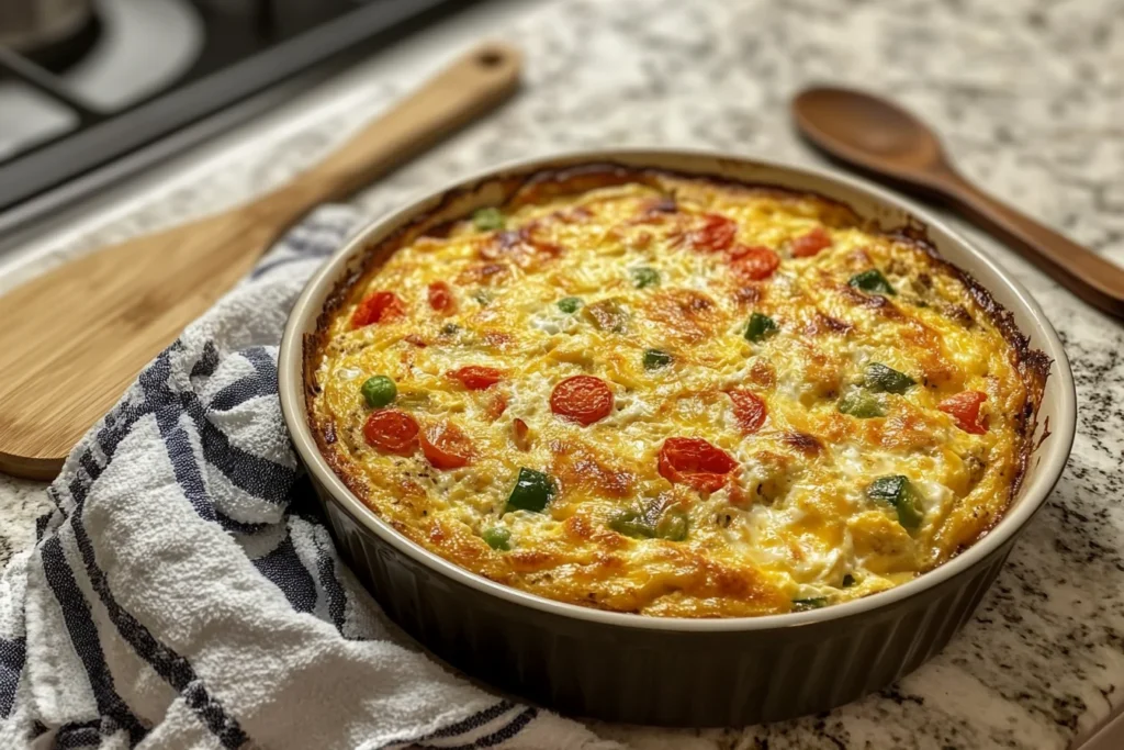 Top-down view of a freshly baked cottage cheese egg bake in a casserole dish