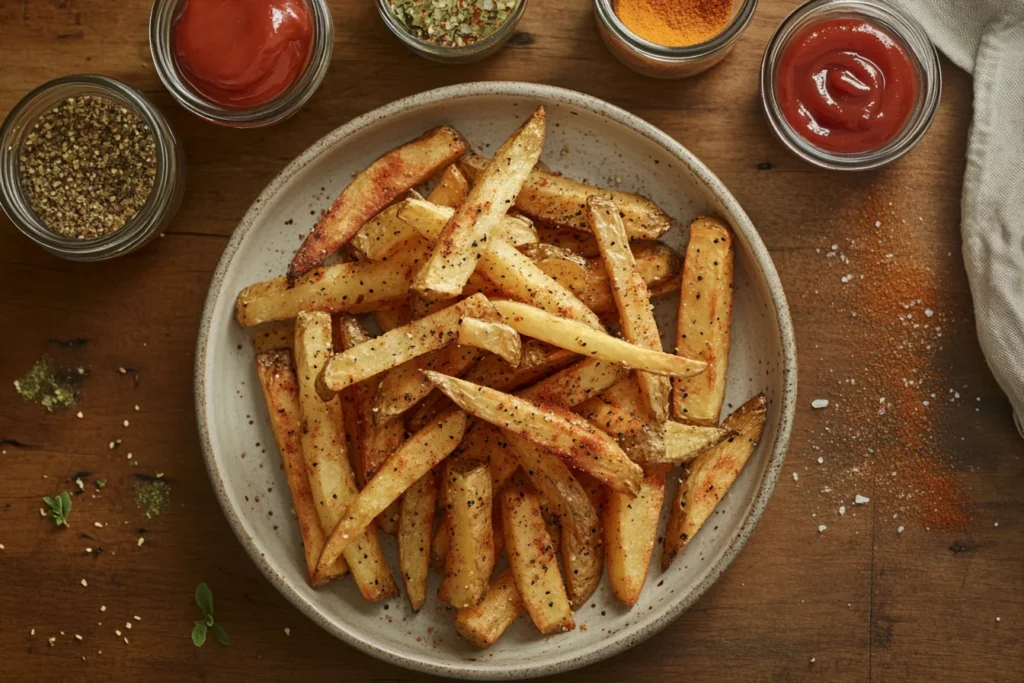 Top-down view of a plate of golden, crispy french fries, some with visible seasoning sprinkled on them