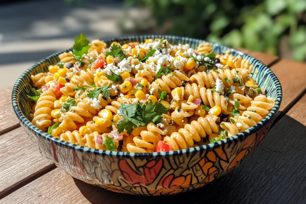 Top-down view of a vibrant Mexican street corn pasta salad in a colorful serving bowl, with charred corn kernels