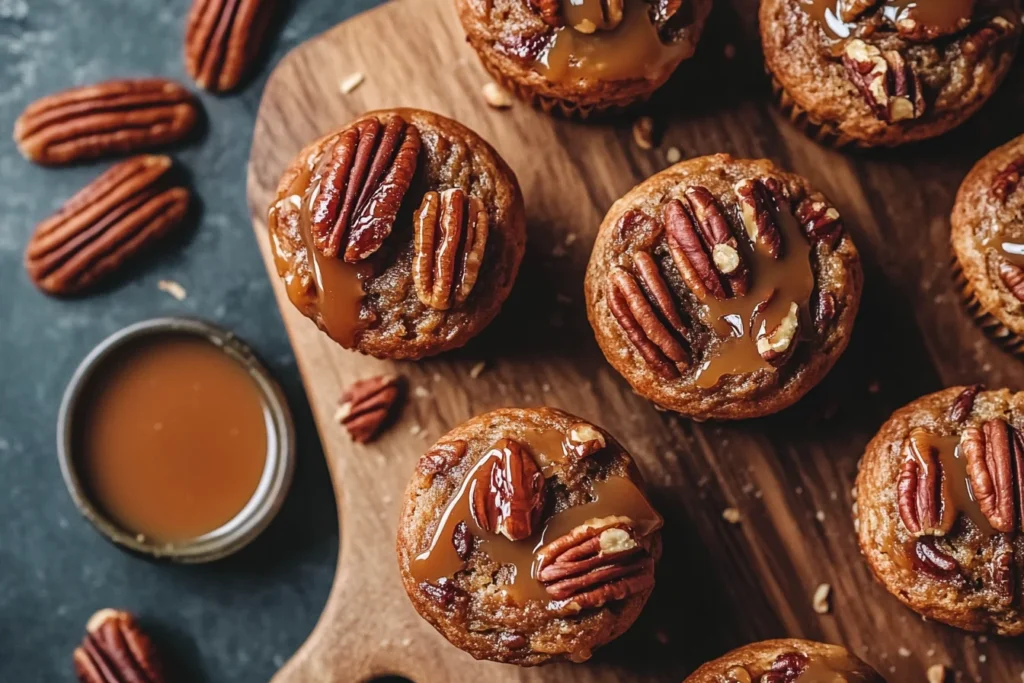 Top-down view of several pecan pie muffins arranged on a rustic wooden board,