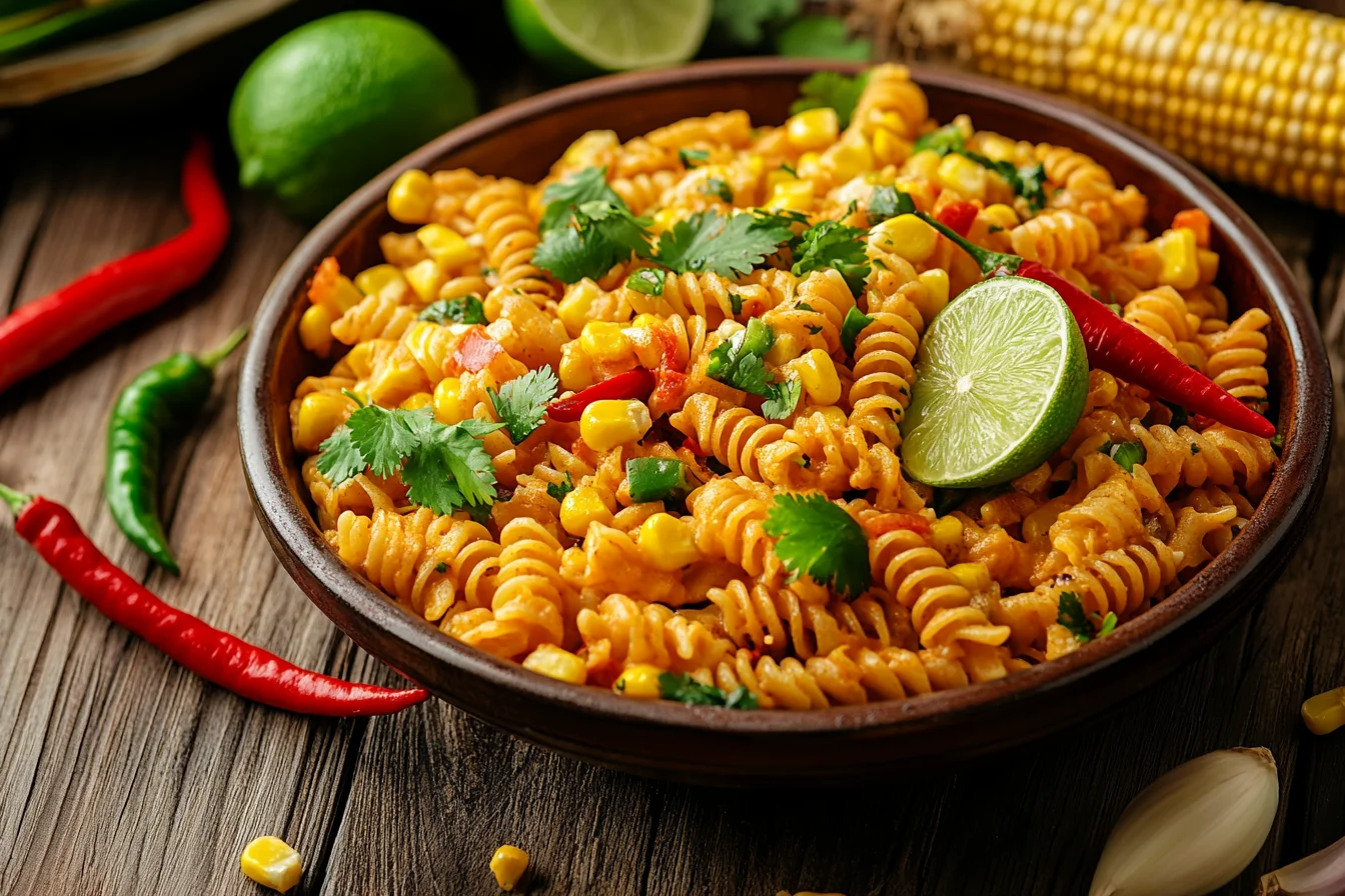 Wide front view of a large serving dish overflowing with Mexican street corn pasta salad, with some corn cobs