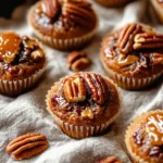 Wide front view, slightly overhead angle, of a batch of pecan pie muffins, some with whole pecan toppings