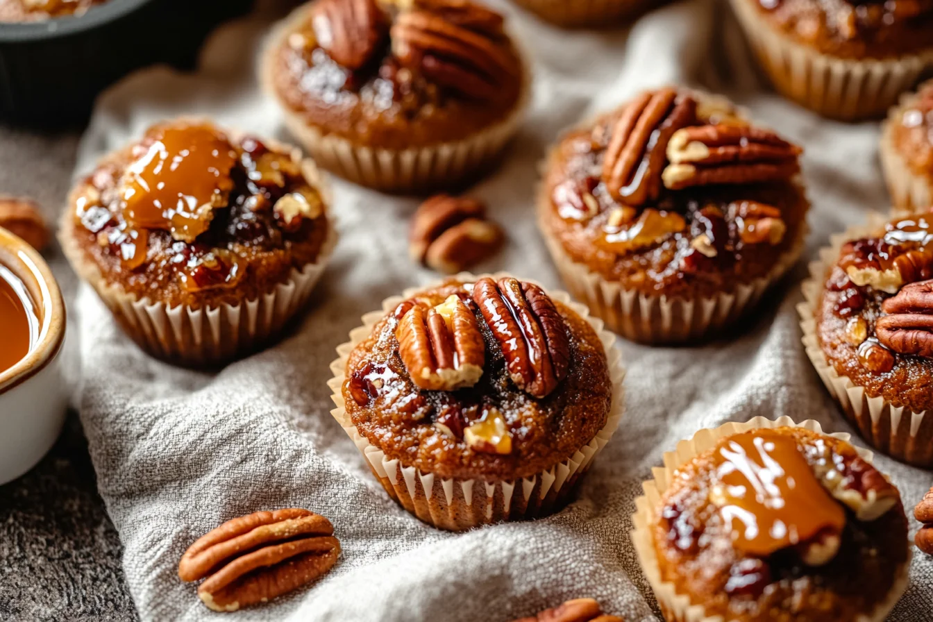 Wide front view, slightly overhead angle, of a batch of pecan pie muffins, some with whole pecan toppings