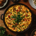 Wide front view, slightly overhead angle, of a large baking dish of baked scrambled eggs