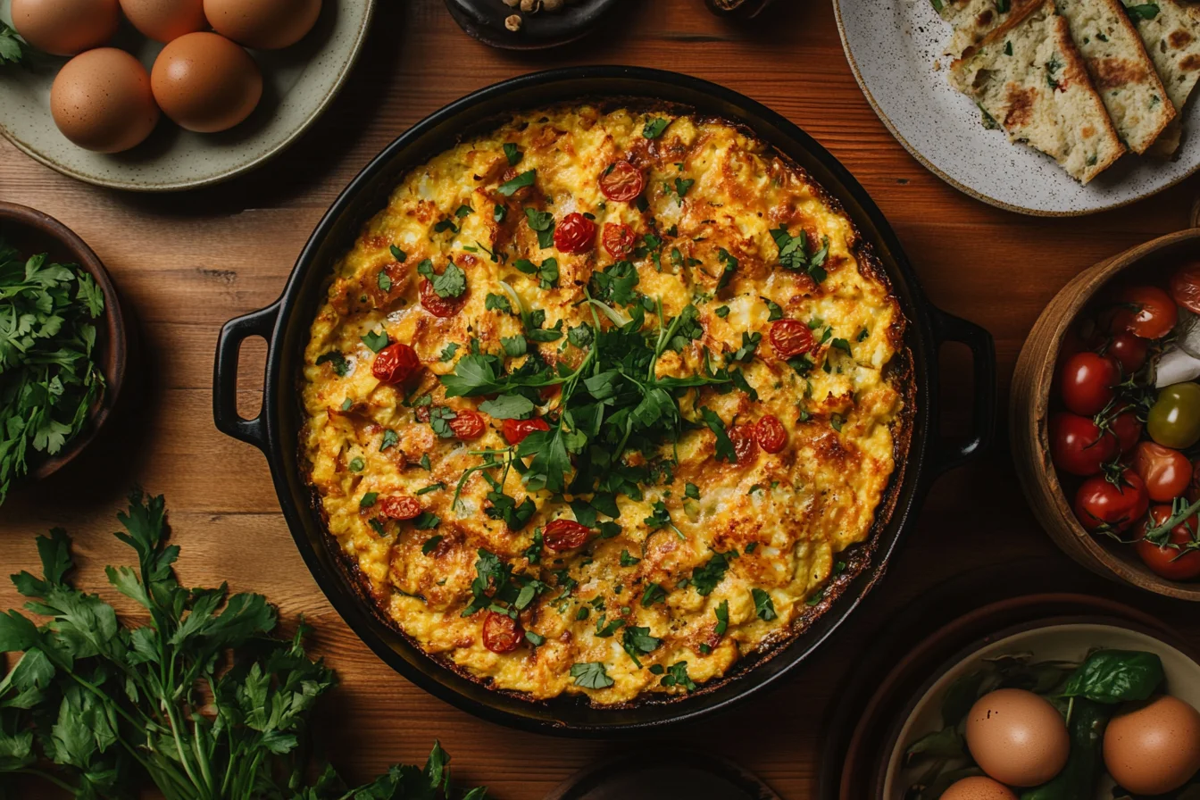 Wide front view, slightly overhead angle, of a large baking dish of baked scrambled eggs