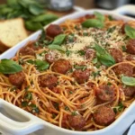 Wide front view, slightly overhead angle of a large serving dish overflowing with sausage spaghetti