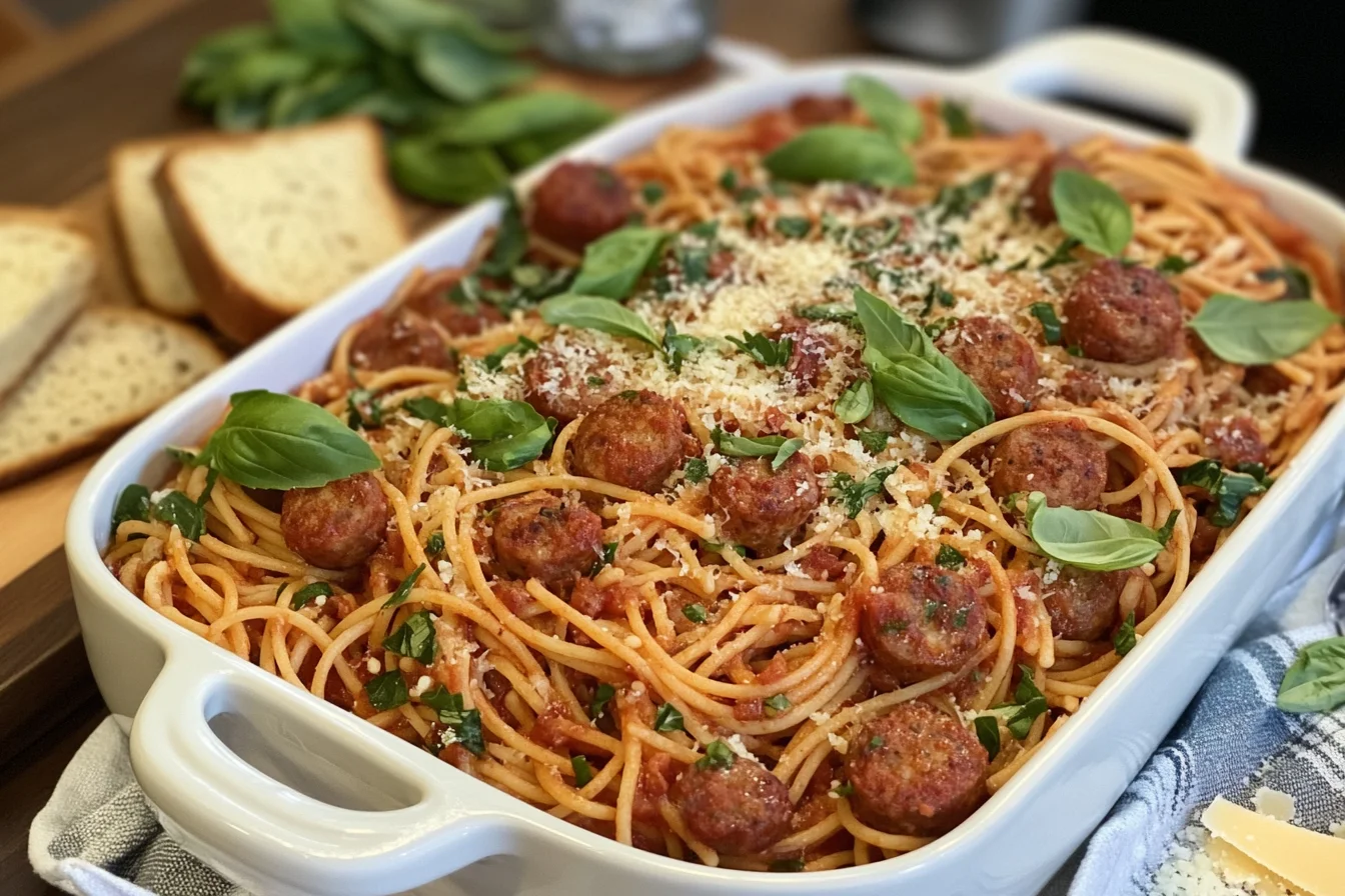 Wide front view, slightly overhead angle of a large serving dish overflowing with sausage spaghetti