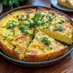 Wide front view, slightly overhead, of a large cottage cheese egg bake in a casserole dish