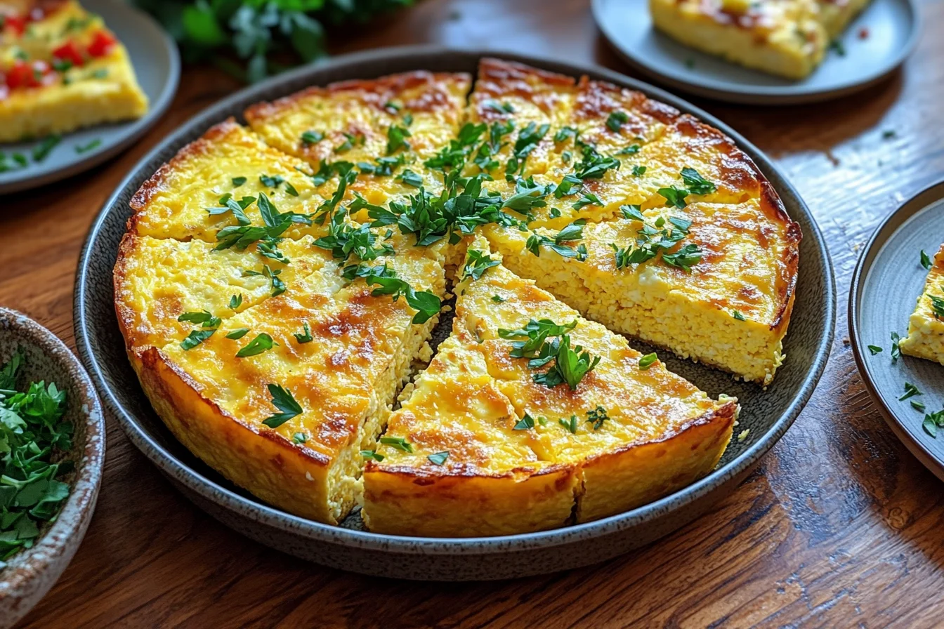 Wide front view, slightly overhead, of a large cottage cheese egg bake in a casserole dish