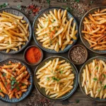 Wide front view, slightly overhead, of several plates of french fries, each seasoned differently with a variety of homemade spice blends