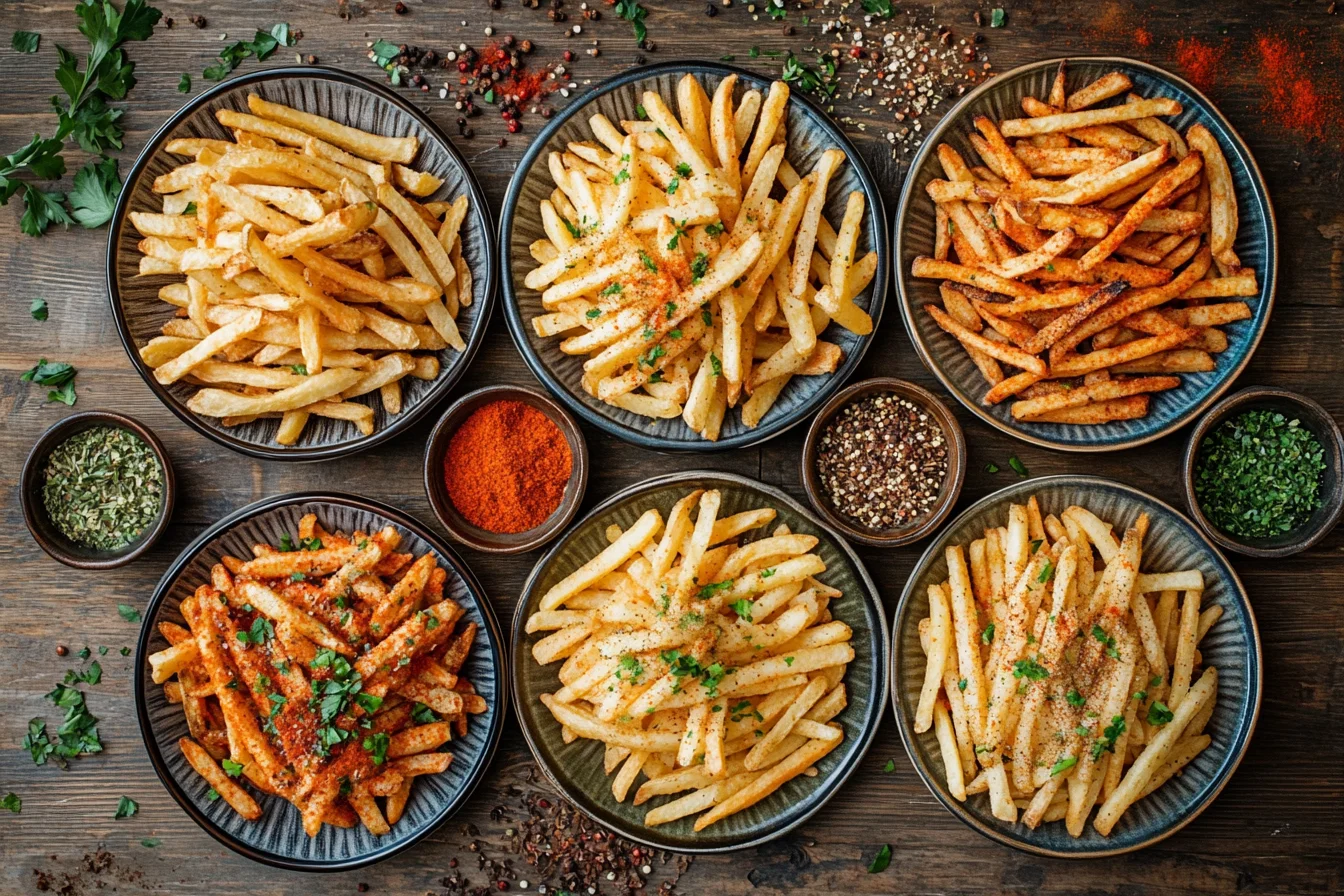 Wide front view, slightly overhead, of several plates of french fries, each seasoned differently with a variety of homemade spice blends