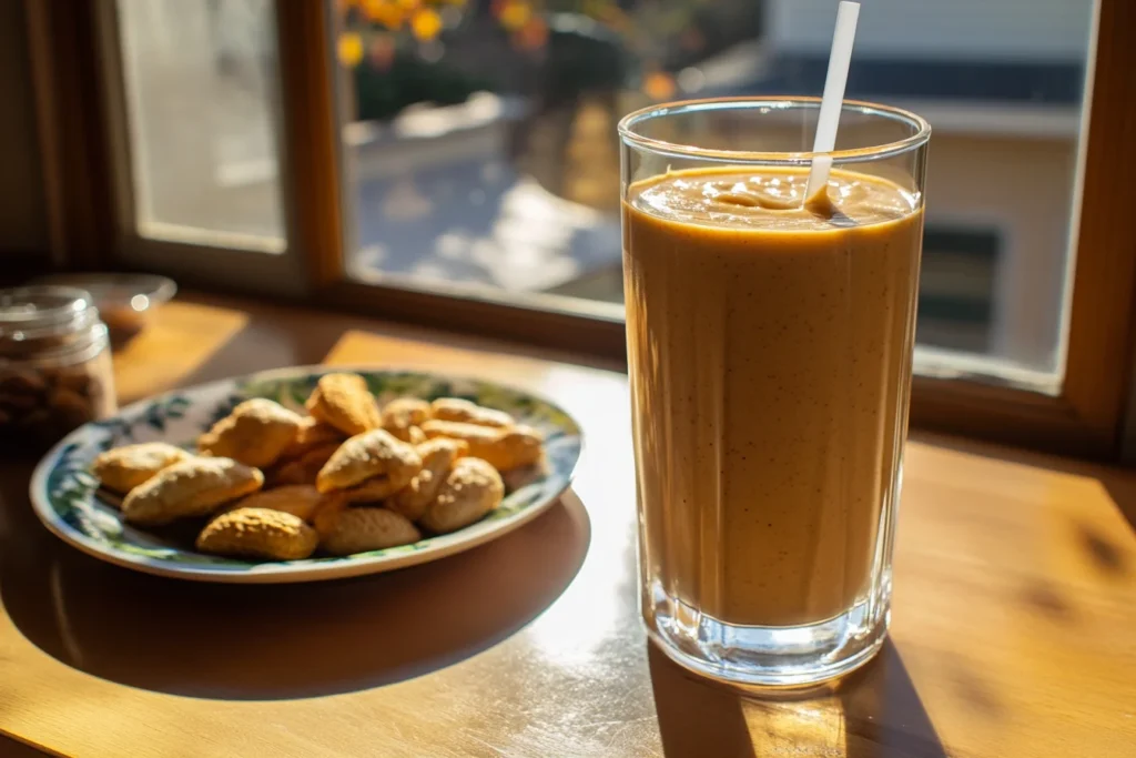 a Peanut Paradise variation with visible peanut butter swirling, in a glass with a straw on a sunny kitchen table